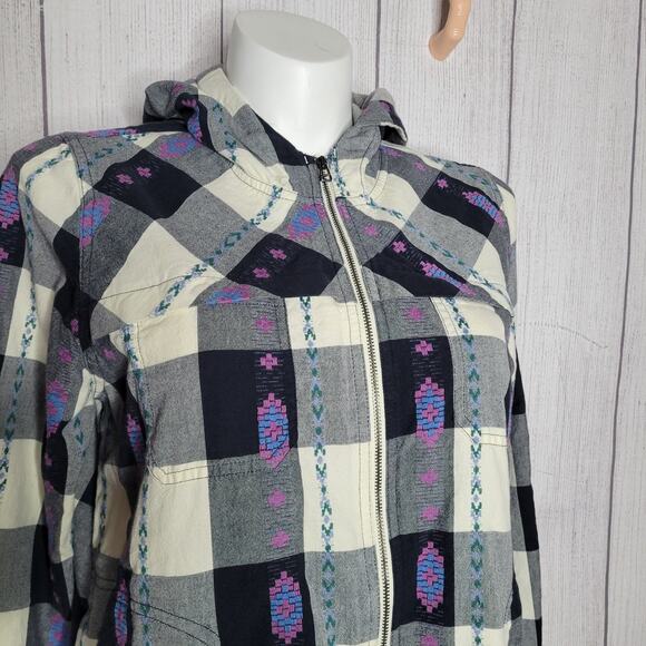 Woolrich Harrington Eco Rich Black White Grey Hooded Plaid Aztec Jacket Size XL - Picture 2 of 12